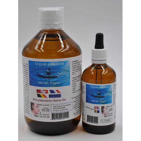 Argent colloidal de 500 ml & 100 ml compte gouttes de 05 ppm